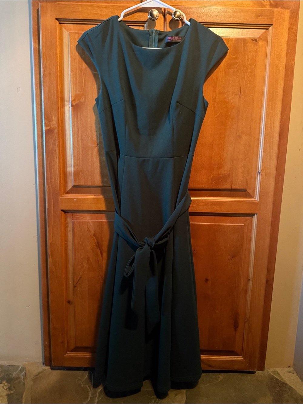 Forest Green Cap-Sleeve Tie-Waist Midi Dress